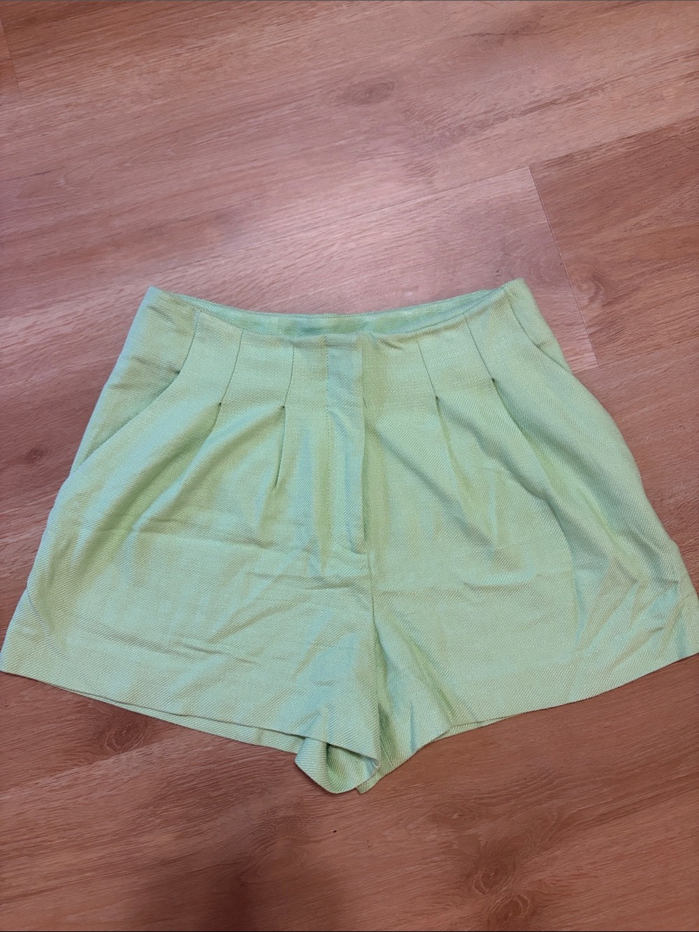 Veronica Beard Light Green High-Waist Pleated Shorts
